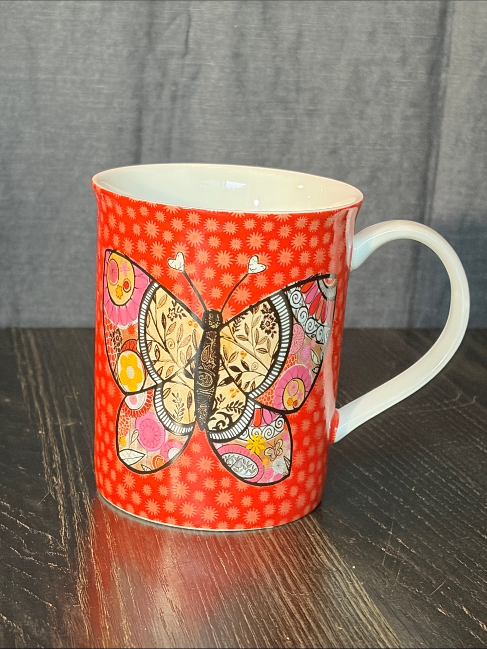 Demdaco Red Ceramic Mug with Multicolor Butterfly Design